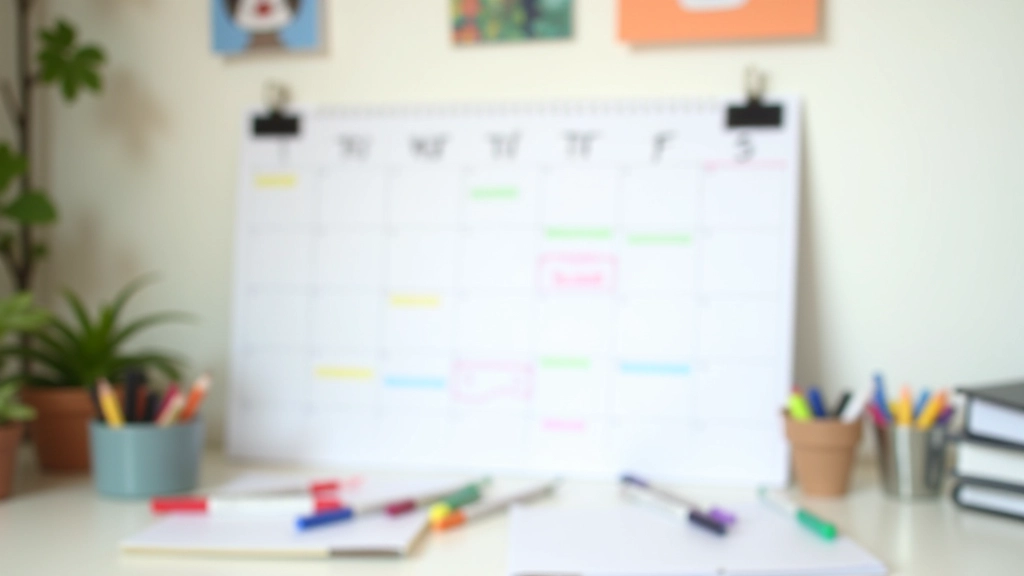 Calendário de parede com objetivos semanais marcados e planejamento visual de metas